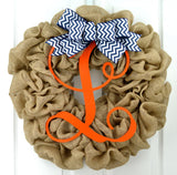 Orange Navy Blue Monogram Door Wreath with Chevron Bow