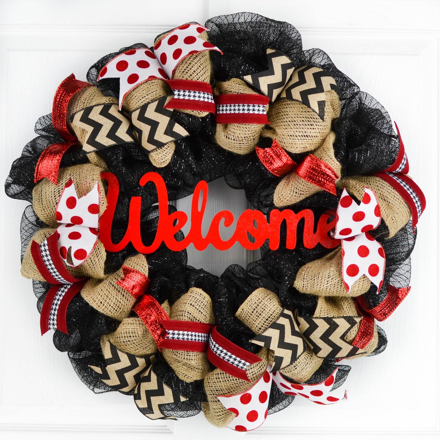 Black Red Burlap Welcome Mesh Outdoor Front Door Wreath - White Chevron - Pink Door Wreaths