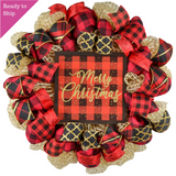 Black Red Gold Christmas Wreath - Burlap Buffalo Plaid Decor - Pink Door Wreaths