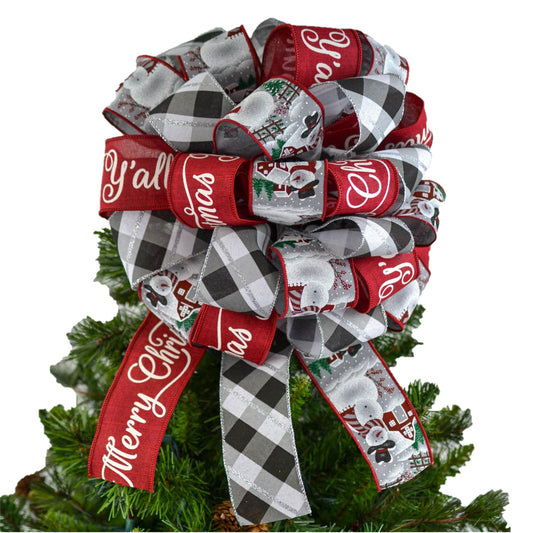 Bow Tree Topper with Streamers, Burgundy Black Grey White Christmas Tree Bow - Pink Door Wreaths