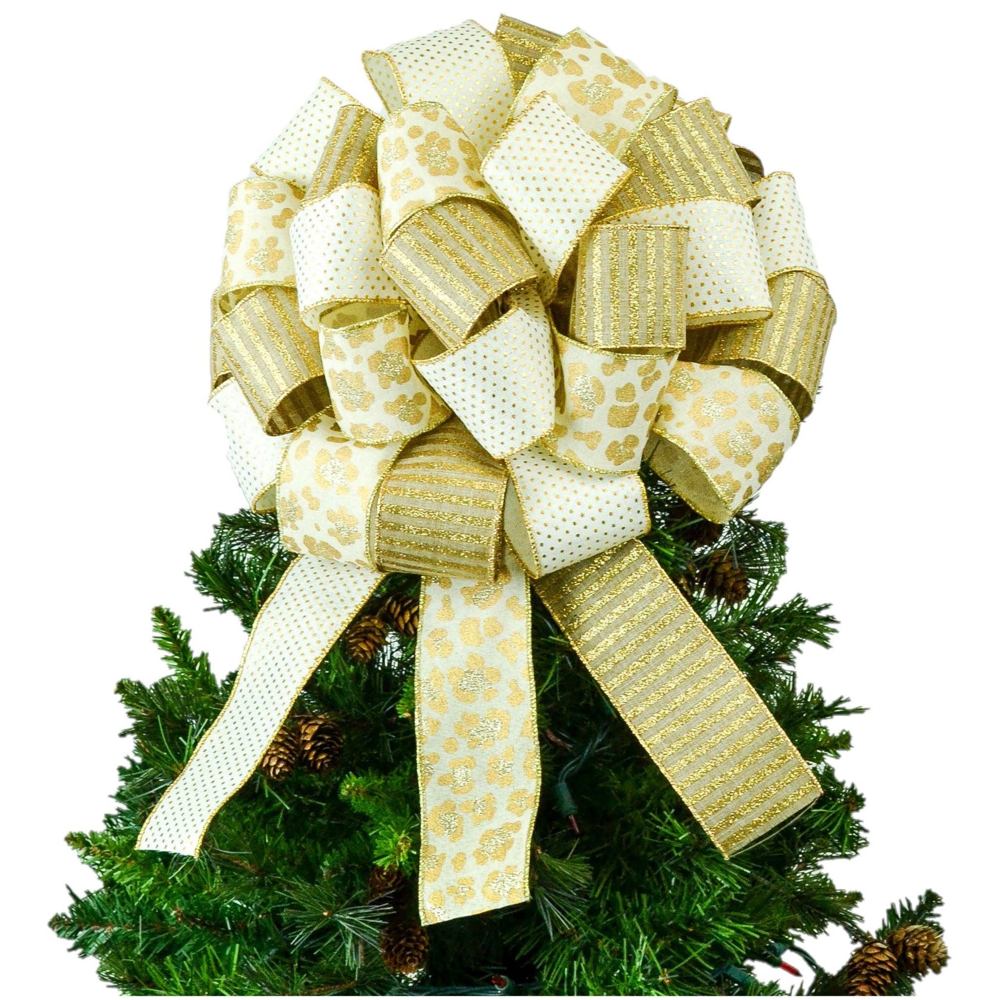 Bows for Christmas Trees - Gold Ivory and Leopard Bow - Tree Bow - Pink Door Wreaths