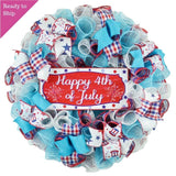 Bright Happy Fourth of July Wreaths - Turquoise 4th of July Door Decor - Pink Door Wreaths