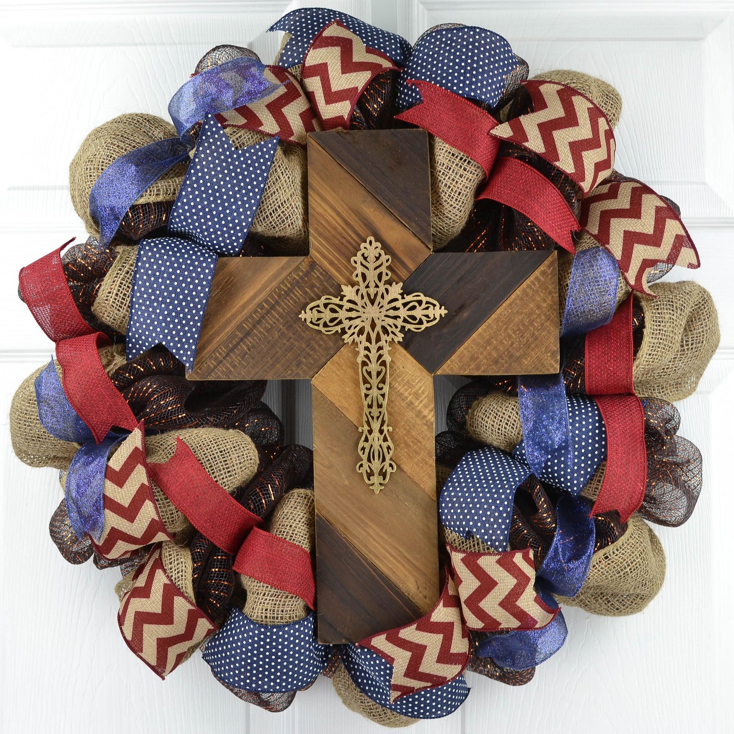 Brown Burlap Rustic Cross Mesh Front Door Wreath; Navy Maroon Burgundy White | Mother's Day Gift - Pink Door Wreaths