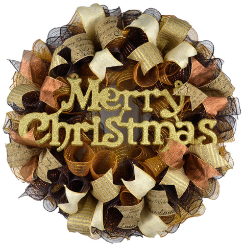 Merry Christmas Mesh Front Door Wreath | Rustic Holiday Decor | Burlap Brown Gold Ivory - Pink Door Wreaths