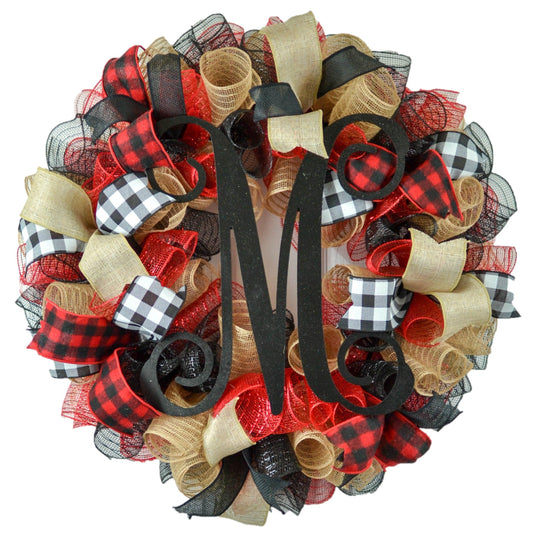 Buffalo Plaid Check Wreath - Front Door Outdoor Mesh Christmas Decor Red Black Burlap - Pink Door Wreaths