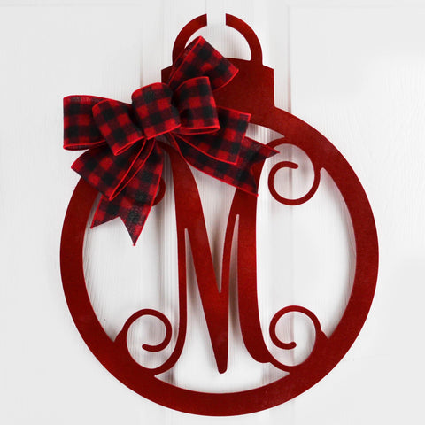 Buffalo Plaid Monogram Decor | Christmas Ornament Initial Door Hanger - Pink Door Wreaths