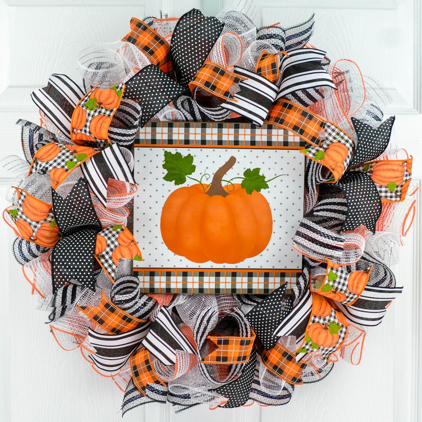 Buffalo Plaid Pumpkin Door Wreaths - Halloween Fall Thanksgiving Orange Mesh Front Door Decor - Pink Door Wreaths