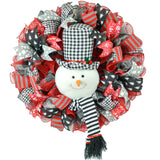 Buffalo Plaid Snowman Wreath - Winter Welcome Christmas Mesh Front Door Decor - White Red Black - Pink Door Wreaths
