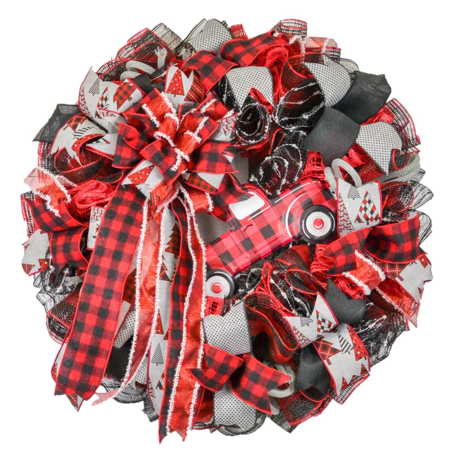 Buffalo Plaid Truck Wreath - Xmas Christmas Mesh Outdoor Front Door Wreaths - White Red Black - Pink Door Wreaths