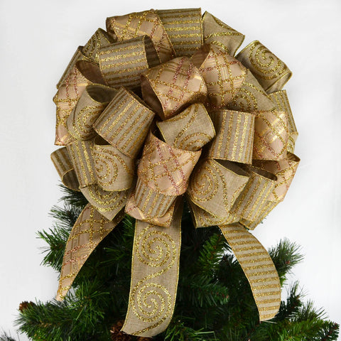 Burlap and Gold Rustic Christmas Tree Bow with 12 inch tails on top of a Christmas tree
