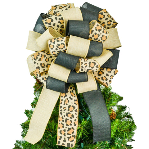 Burlap Animal Print Black Brown Bow | Christmas Tree Topper Bow - Pink Door Wreaths