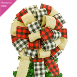 Burlap Buffalo Plaid Check White Black Red Bow | Christmas Tree Topper Bow - Pink Door Wreaths
