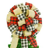 Burlap Buffalo Plaid Check White Black Red Bow | Christmas Tree Topper Bow - Pink Door Wreaths