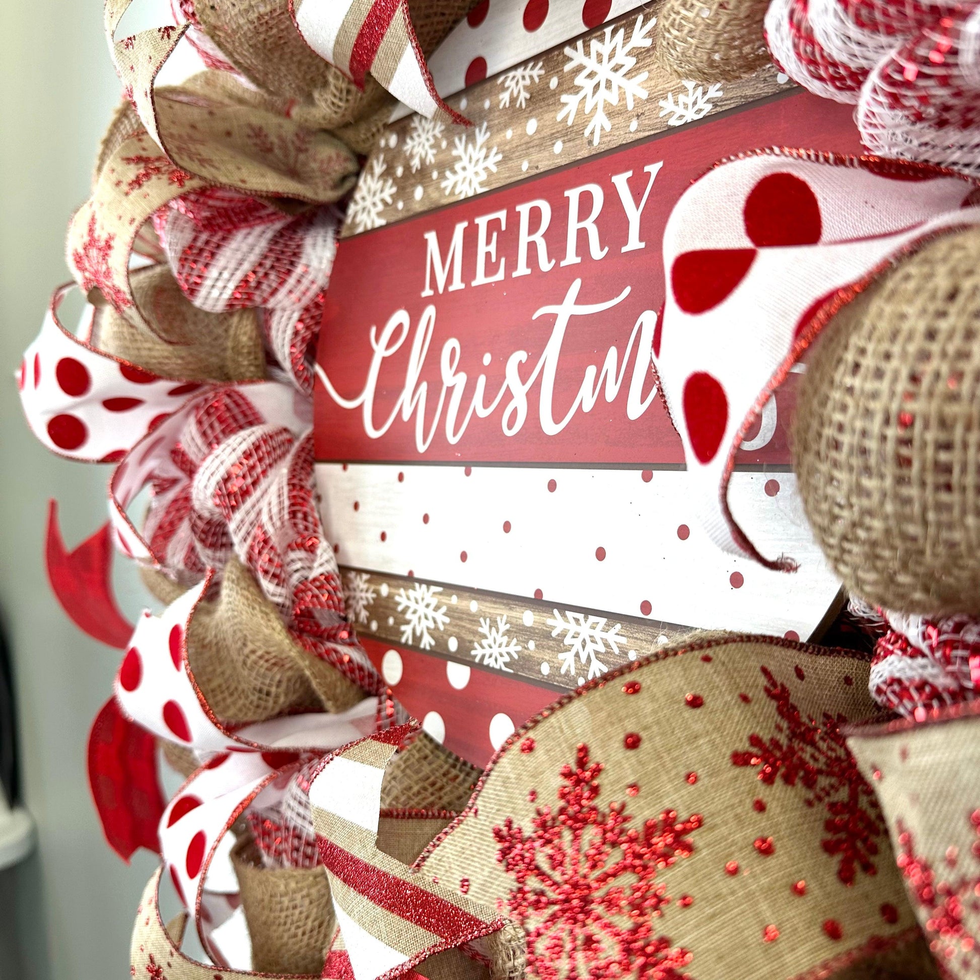 Burlap Farmhouse Merry Christmas Wreath - Rustic Outdoor Front Door Wreath - Red White - Pink Door Wreaths