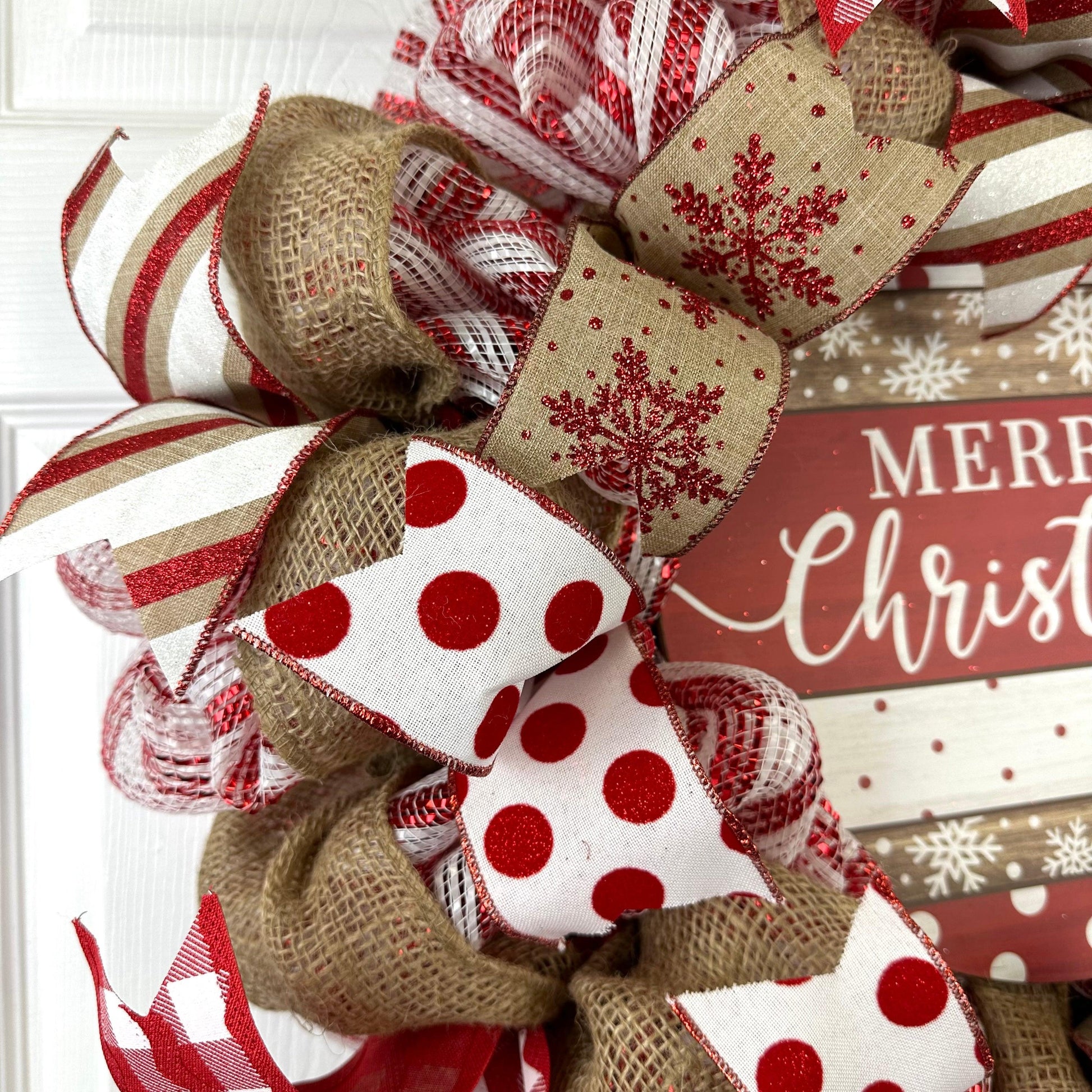 Burlap Farmhouse Merry Christmas Wreath - Rustic Outdoor Front Door Wreath - Red White - Pink Door Wreaths