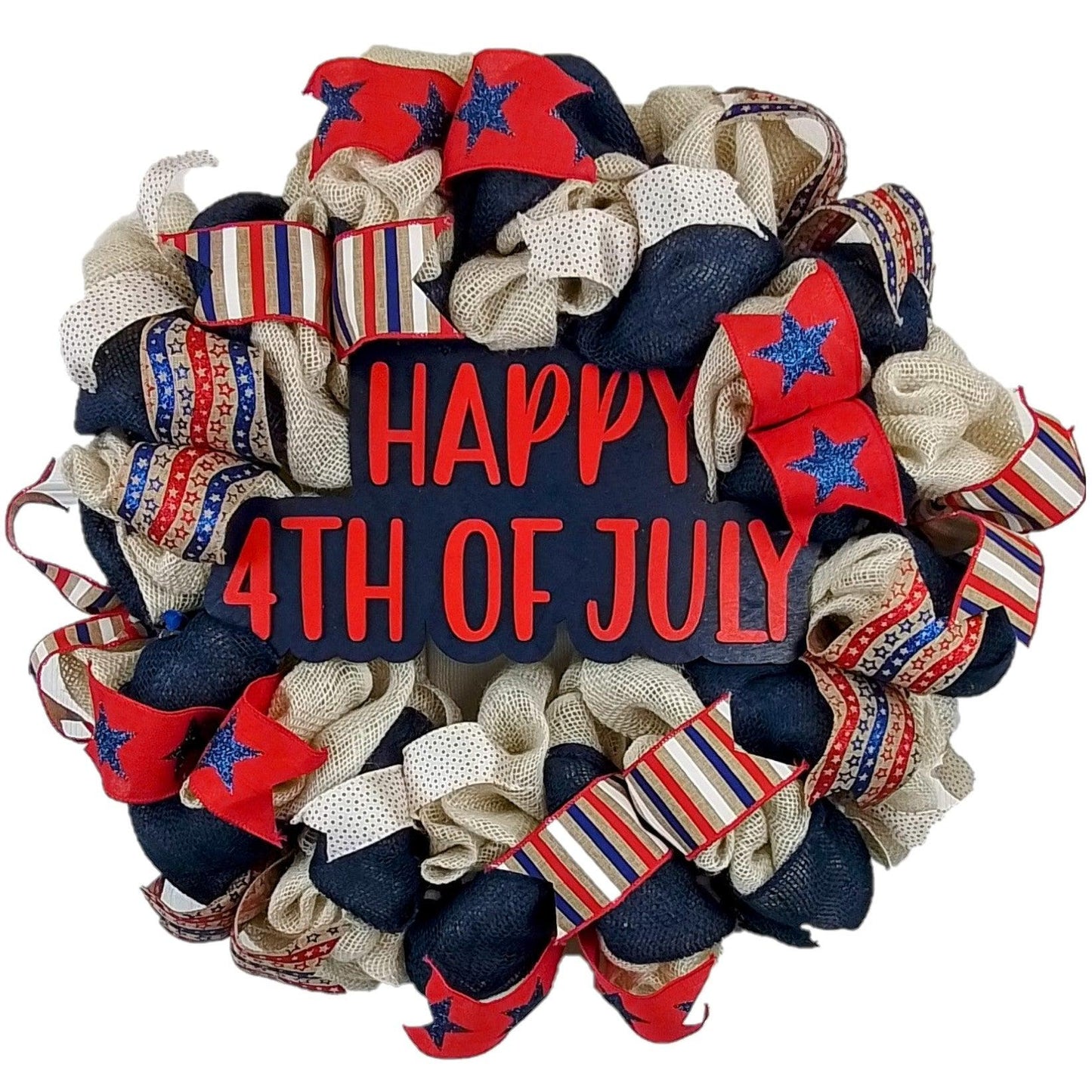 Burlap Happy 4th of July Door Wreath, Red White and Blue Wreaths, Red Ivory Navy Blue Burlap - Pink Door Wreaths