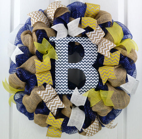 Burlap Monogram Mesh Door Wreath | Navy Blue, Yellow, White - Pink Door Wreaths