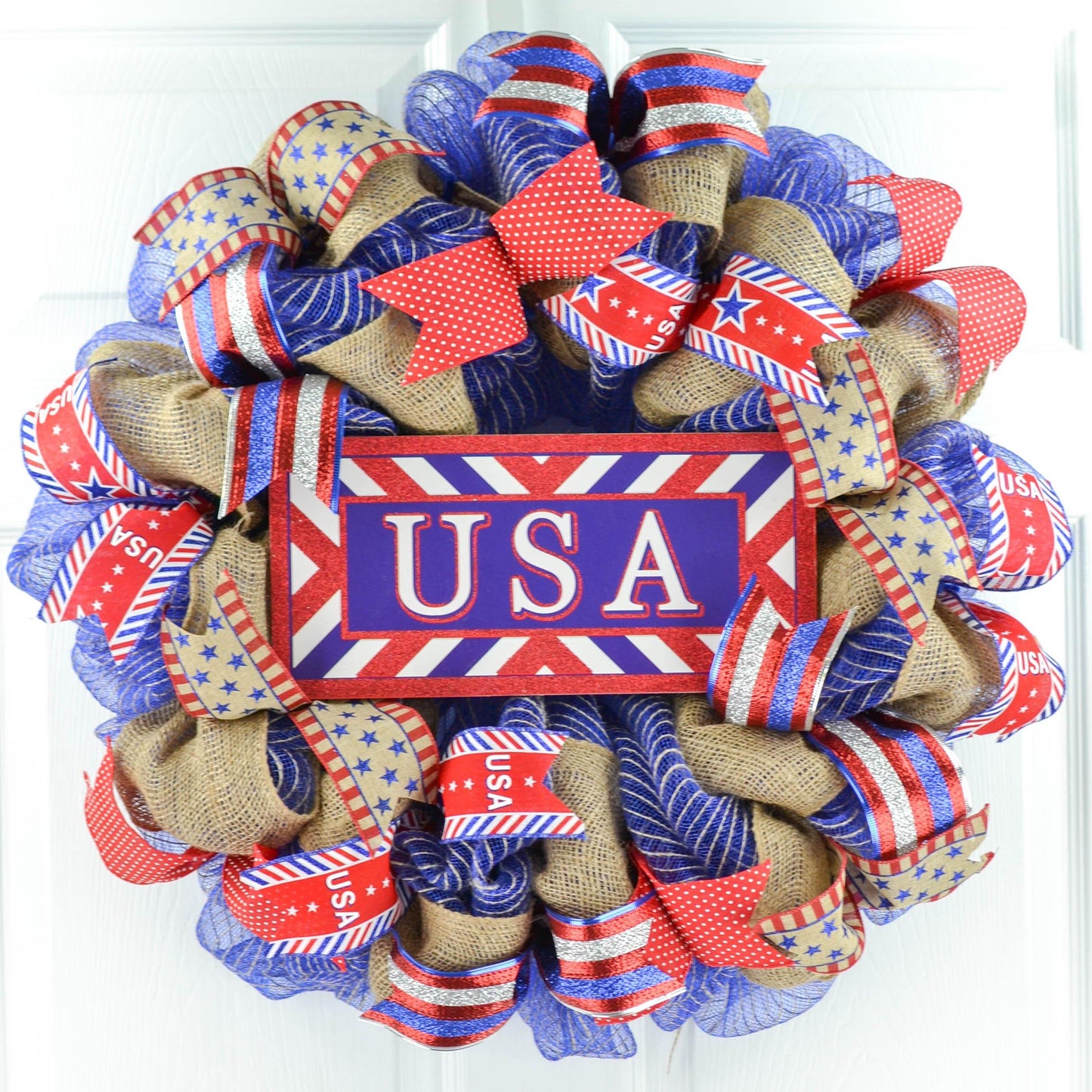 Burlap USA Fourth of July Wreath - Rustic Red White Navy Blue Flag Decoration - Patriotic Decor - Pink Door Wreaths