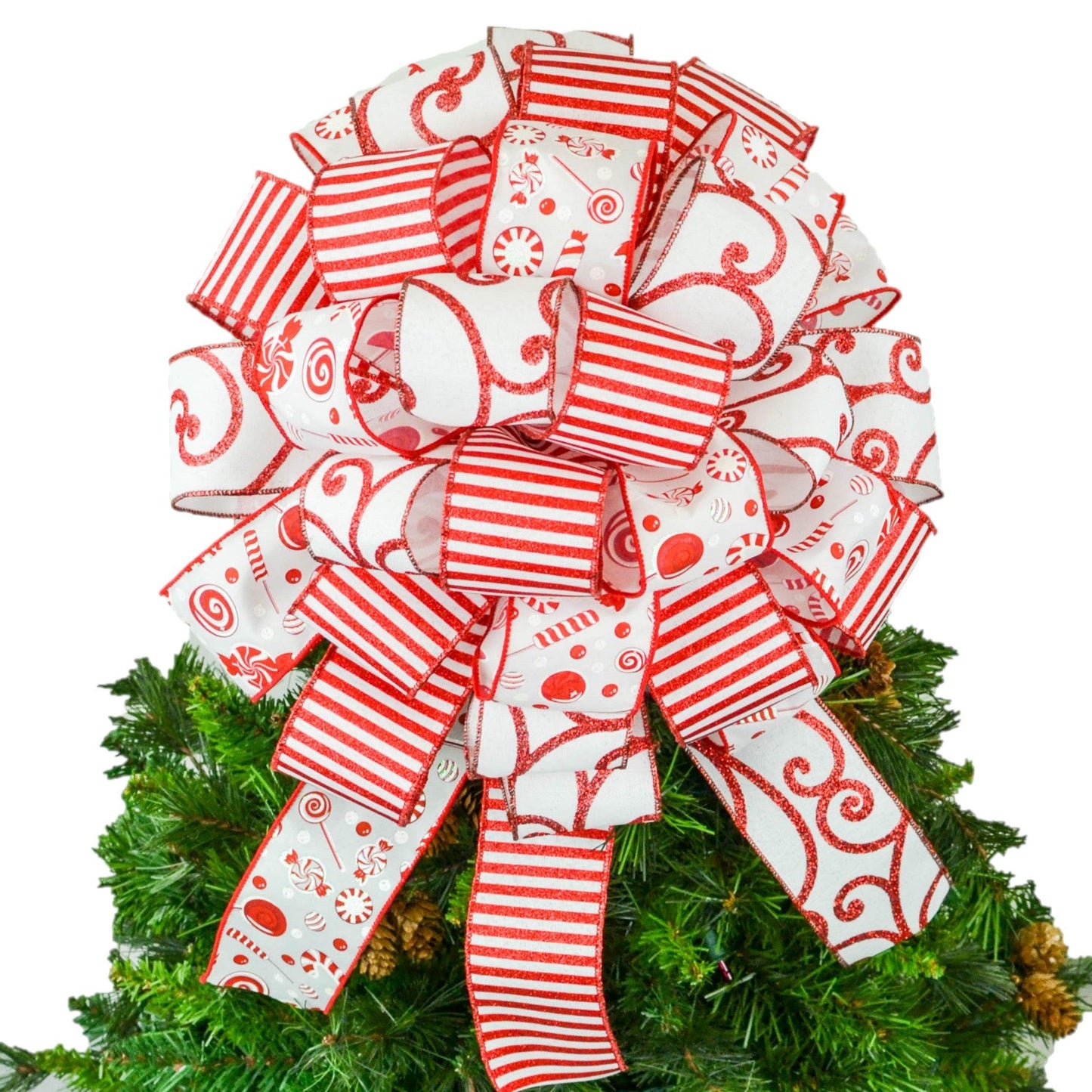 Candy Cane Christmas Tree Bow Topper | Gift Bow | Red White - Pink Door Wreaths