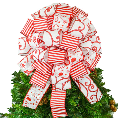 Candy Cane Christmas Tree Bow Topper | Gift Bow | Red White - Pink Door Wreaths