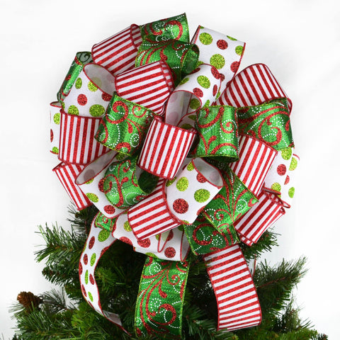 Christmas Tree Bow with red white striped ribbon, emerald green, and white polka dot ribbon