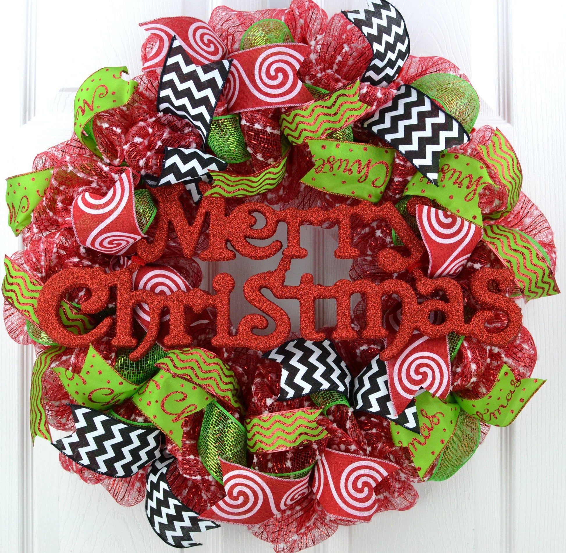Candy Cane Whimsical Christmas Wreath | Red White Black Lime Green