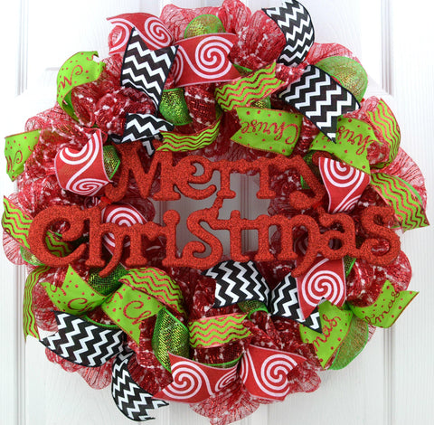 Candy Cane Whimsical Christmas Wreath | Red White Black Lime Green