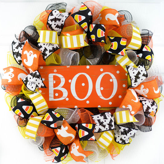 Candy Corn Halloween Door Wreaths | Boo Orange Black Yellow White Mesh Wreath - Pink Door Wreaths