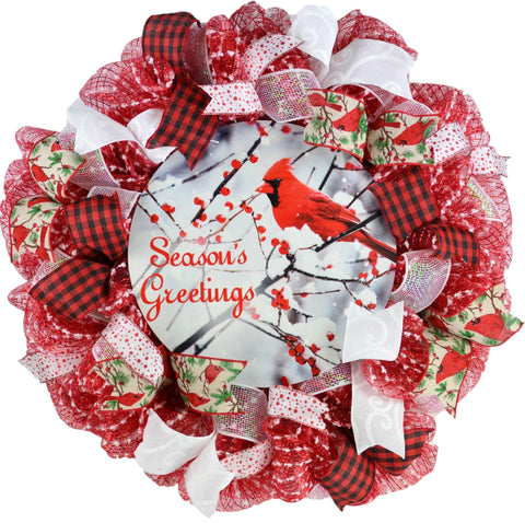 Cardinal Christmas Wreath - Seasons Greeting Red Black White Winter Decor - Pink Door Wreaths