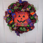 Happy Halloween Wreath - Pumpkin Door Wreaths - Halloween Jack O Lantern Thanksgiving Front Door Decor; Orange Purple Lime Green Stripe