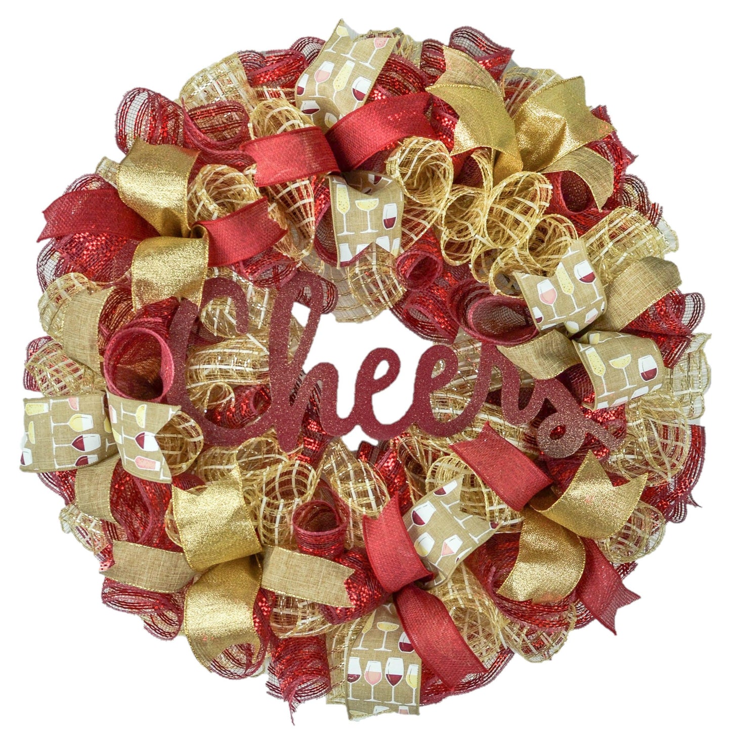 Cheers Wine Gold Burgundy Wreath - Traditional Maroon Mesh Door Decor - Pink Door Wreaths