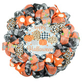 Cheetah Print Pumpkin Halloween Wreath - Beautiful Front Door Mesh Wreath - Black Orange White Decorations - Pink Door Wreaths