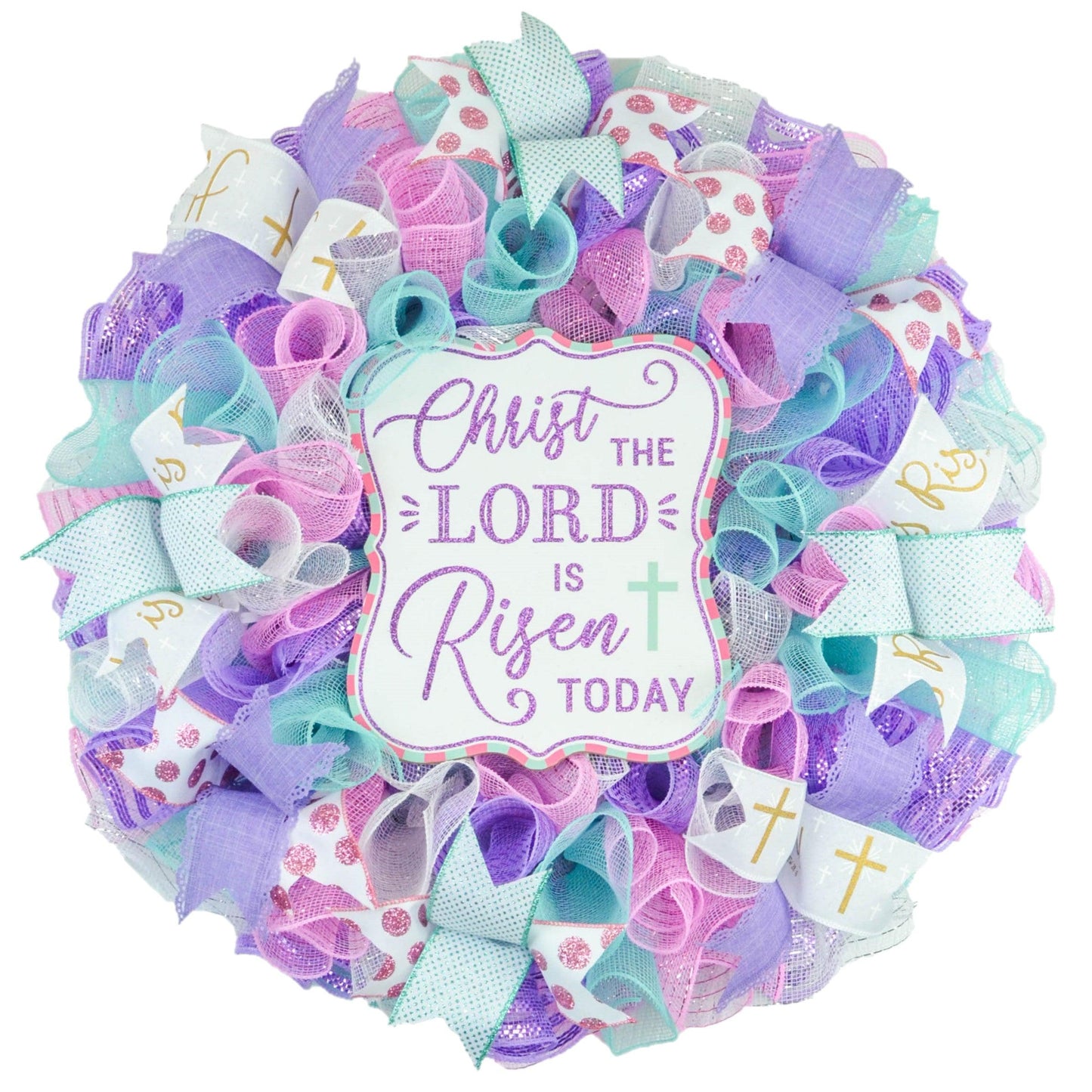 Christ Lord Risen Today Easter Front Door Wreath - Cross Present - Pink Lavender Mint Green Gold White - Pink Door Wreaths