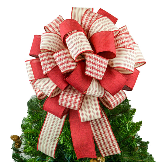 Christmas Farmhouse Bow - Plaid Striped Tree Topper Bow - Top of Present Bow Burlap Red Ivory Linen Ticking Thin Stripe - Pink Door Wreaths