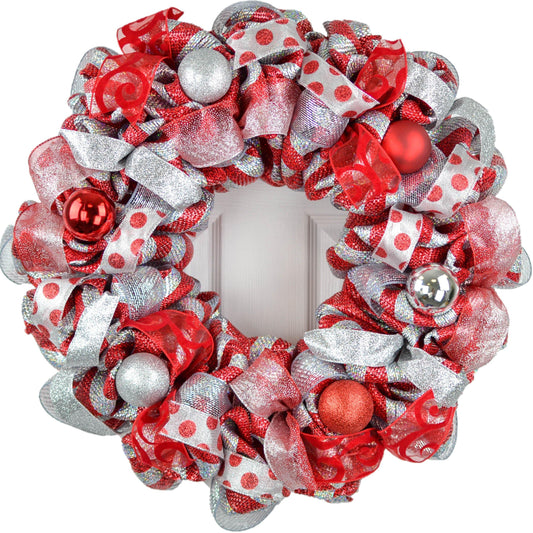 Christmas Mesh Door Wreath | Silver Red - Pink Door Wreaths