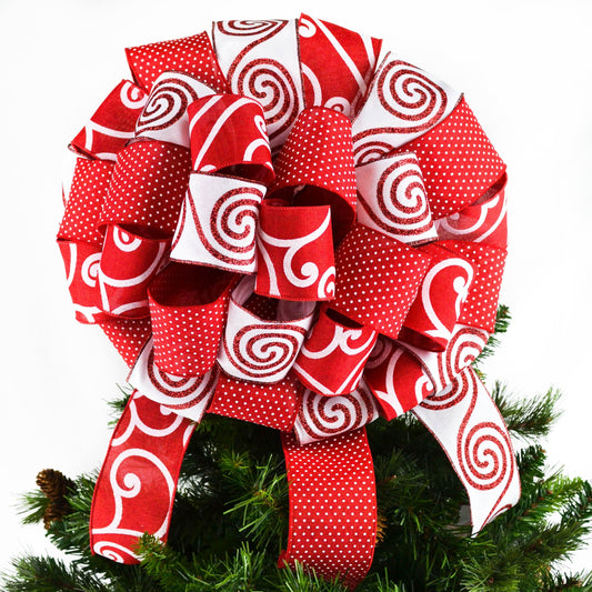 Christmas Tree Bow Topper | Gift Bow | Tree Topper Bow | Red White - Pink Door Wreaths