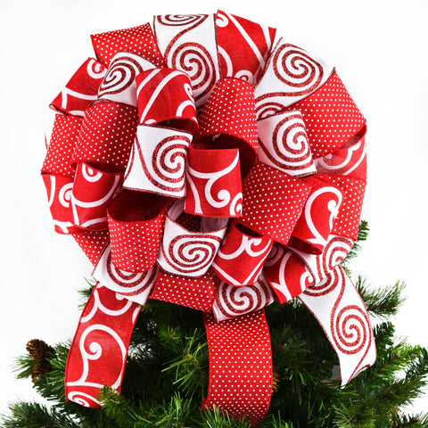 Christmas Tree Bow Topper | Gift Bow | Tree Topper Bow | Red White - Pink Door Wreaths