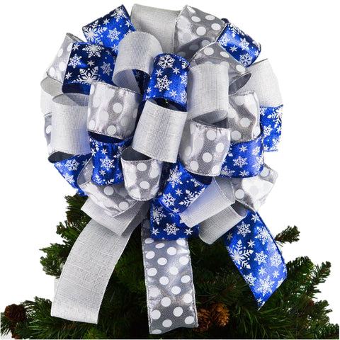 Christmas Tree Bow Topper with Tails | Winter Decor | Royal Blue Silver White - Pink Door Wreaths
