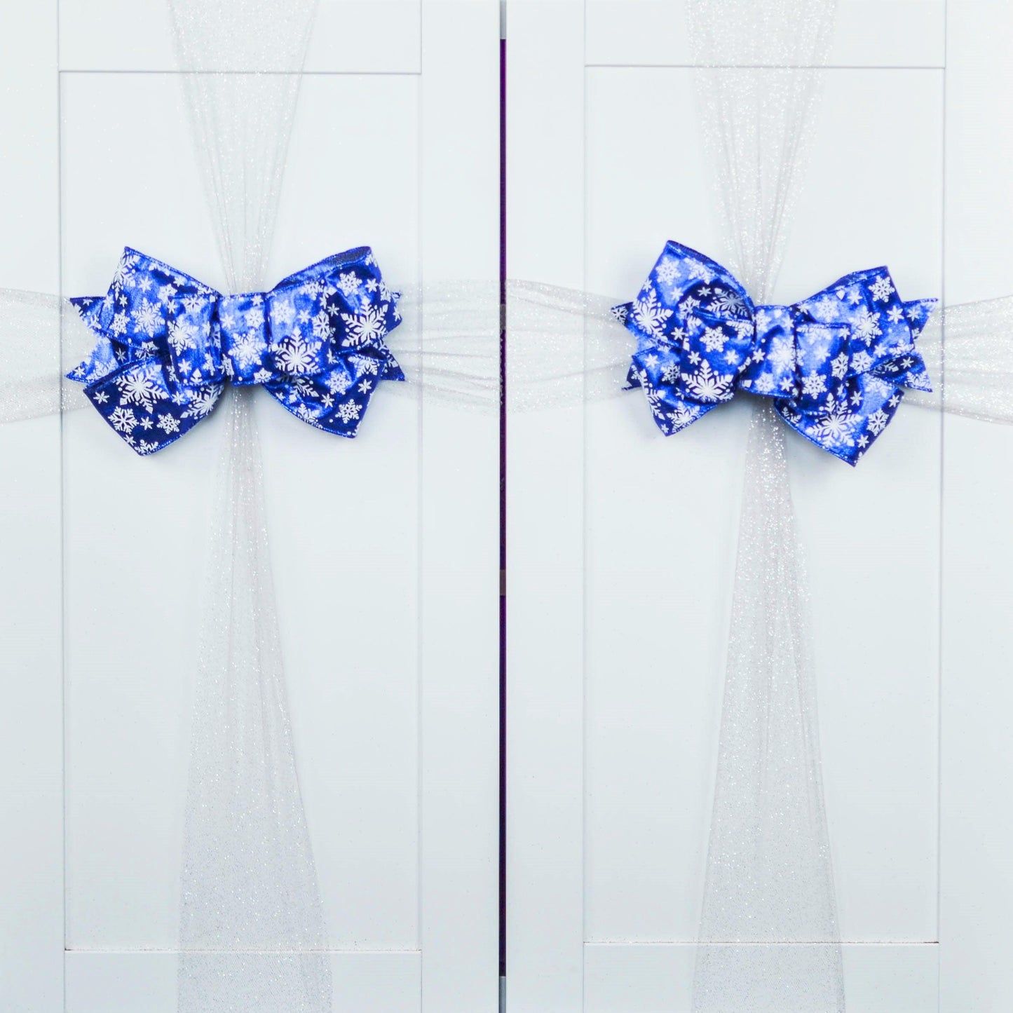 Christmas Tree Bow Topper with Tails | Winter Decor | Royal Blue Silver White - Pink Door Wreaths