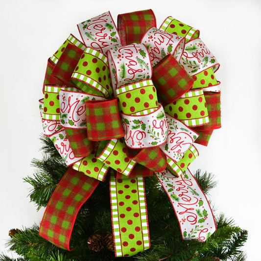 Christmas tree bow on top of a tree, with a lime and red polka dot ribbon, white printed ribbon and red lime plaid ribbon