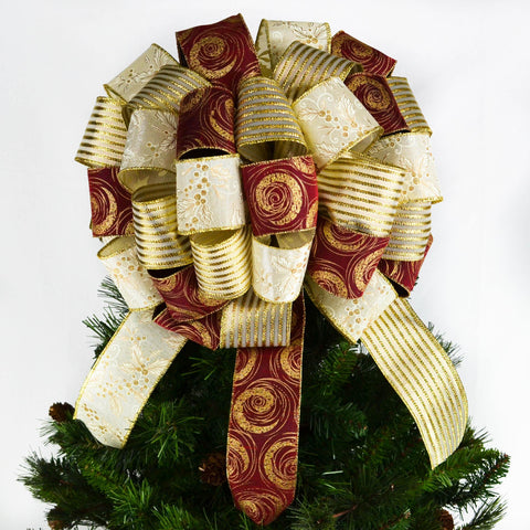 Burgundy Gold and Ivory tree bow on top of a Christmas Tree
