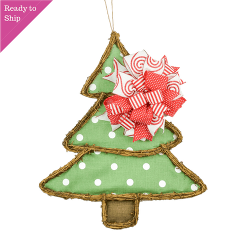 Christmas Tree Polka Dot Winter Grapevine Wreath - Christmas Door Hanger Oversized Bow Jute Burlap Door Decor ; Moss Green Red White Candy Cane - Pink Door Wreaths