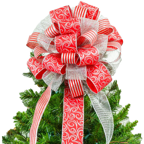 Christmas Tree Topper Bow | Red and Silver Bow | Present Bow - Pink Door Wreaths
