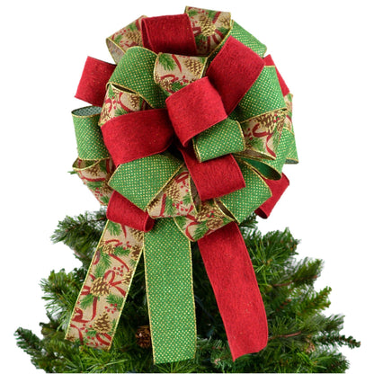 Christmas Tree Topper Bow with Holly Berries | Red Burlap Green - Pink Door Wreaths