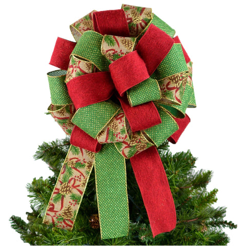 Christmas Tree Topper Bow with Holly Berries | Red Burlap Green - Pink Door Wreaths