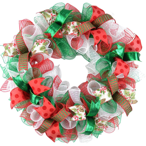 Christmas Wreaths | Holiday Mesh Front Door Wreath | Red White Emerald Green - Pink Door Wreaths