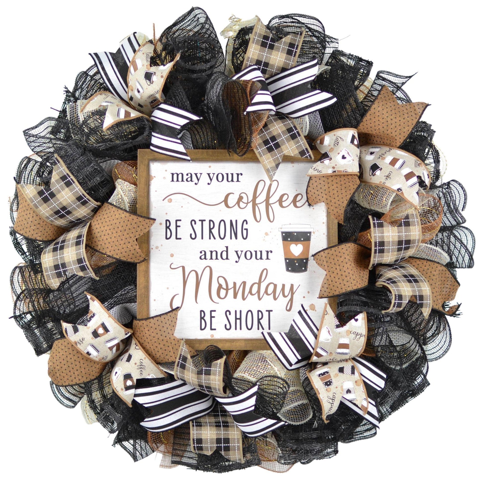 Coffee Wreath - Coffee Lovers Gift - Farmhouse Burlap Everyday Decor - Brown Black White - Pink Door Wreaths