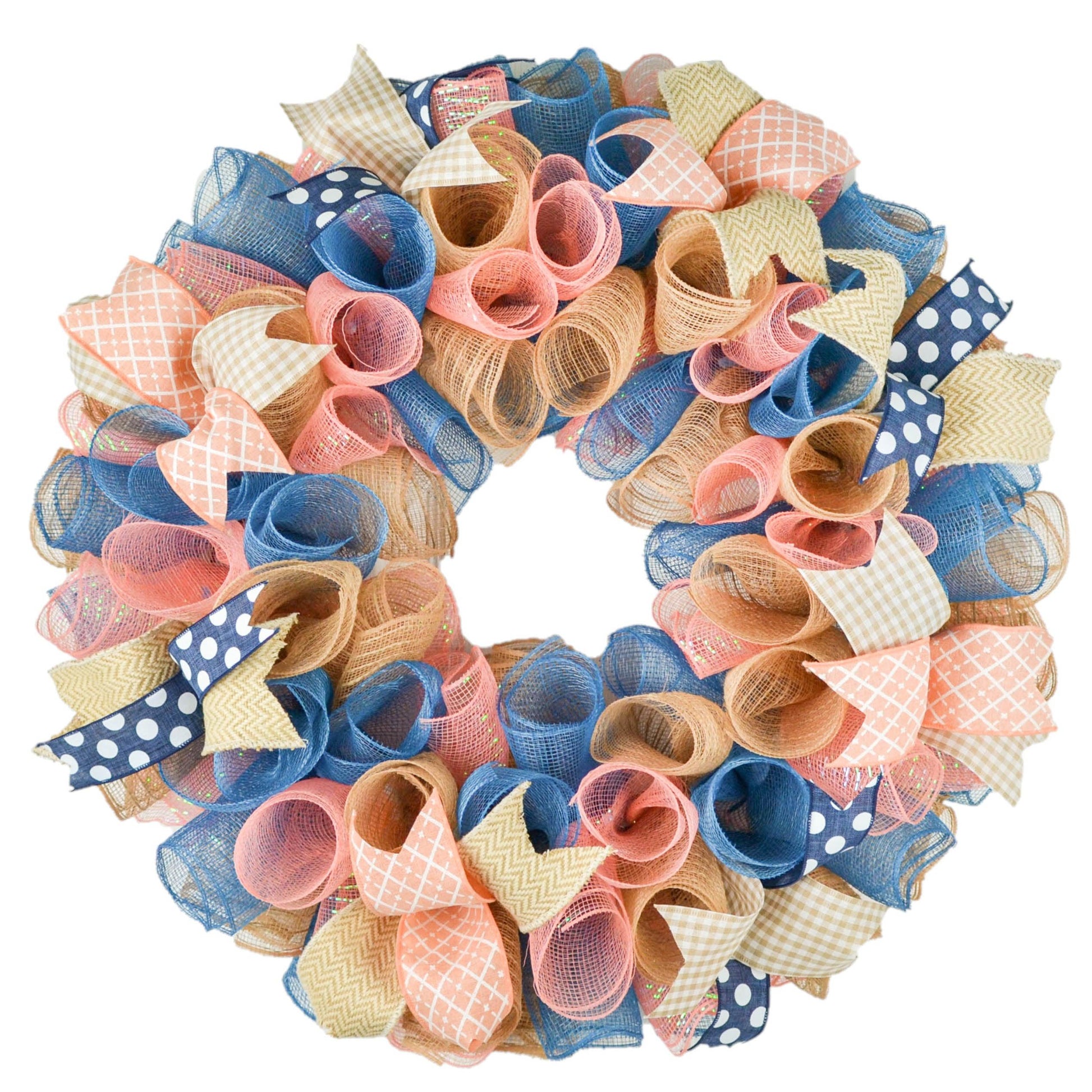 Family Gift Ideas | Christmas Gift for Her | Everyday Year Round Wreath; Coral Navy Blue Jute Burlap - Pink Door Wreaths