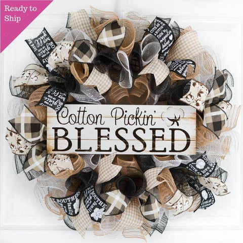 Cotton Pickin Blessed Wreath - Southern Black Ivory Farmhouse Burlap Spring Decor - Pink Door Wreaths