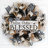 Cotton Pickin Blessed Wreath - Southern Black Ivory Farmhouse Burlap Spring Decor - Pink Door Wreaths